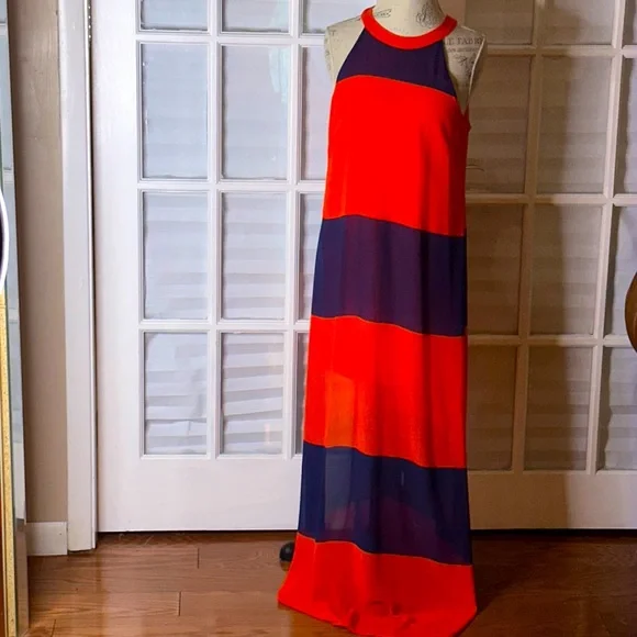 Daniel Cremieux Dresses | Cremieux Orange & Blue Striped Sleeveless Lined Maxi Dress Sz M | Color: Blue/Orange | Size: M | Butter1260'S Closet